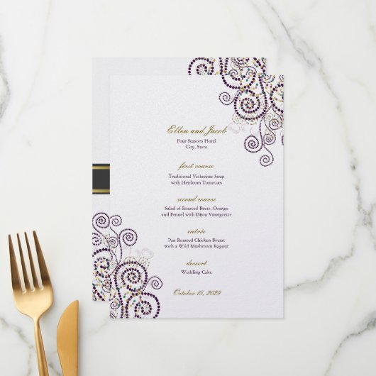 Elegant Vintage Boho Paarse Spirals Modern Wedding Menu (Voorkant / Achterkant in situ)