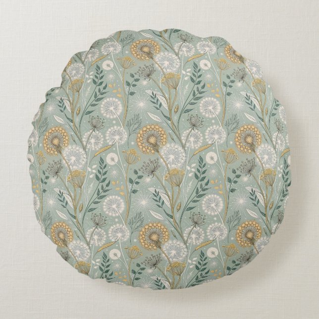 Elegant Vintage Botanical Dandelion Rond Kussen (Voorkant)