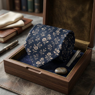 Elegant Vintage Botanisch Bloemmotief Marineblauw Stropdas