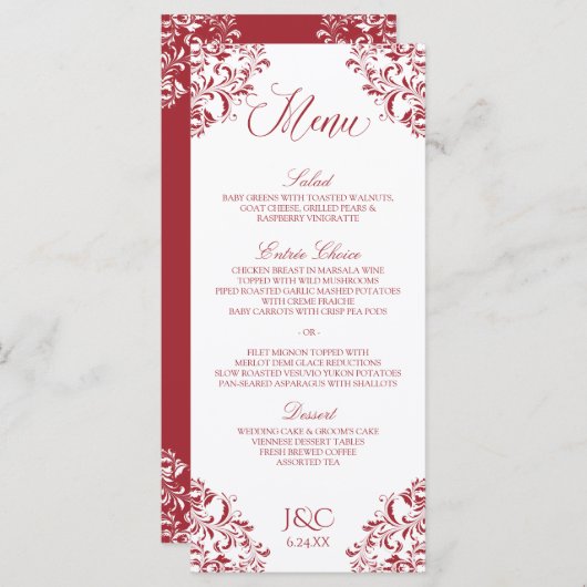 Elegant vintage bruiloft menu | Nadine (rood) (Voorkant / Achterkant)