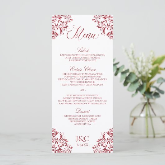 Elegant vintage bruiloft menu | Nadine (rood) (Staand voorkant)