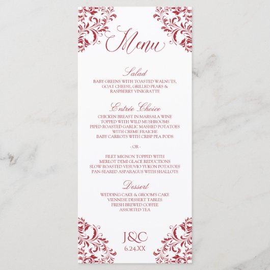 Elegant vintage bruiloft menu | Nadine (rood) (Voorkant)