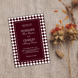 Elegant Vintage Burgundy Checkered Formal Wedding Kaart