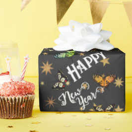 Elegant Vintage Butterflies & Stars Happy Nieuwjaa Cadeaupapier