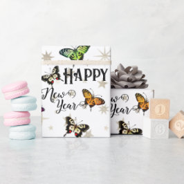 Elegant Vintage Butterflies & Stars Happy Nieuwjaa Cadeaupapier