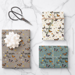 Elegant Vintage Butterflies & Stars Happy Nieuwjaa Inpakpapier Vel