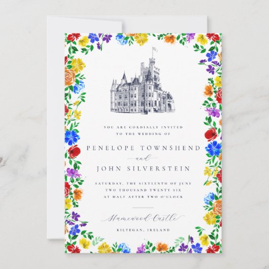 Elegant Vintage Castle Rainbow Floral Wedding Kaart (Voorkant)