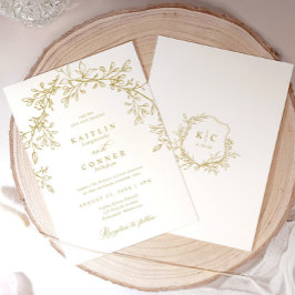 Elegant Vintage Crest Gold Botanical Wedding Kaart