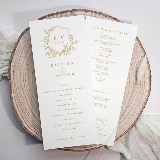 Elegant Vintage Crest Gold Classic Wedding Programmakaart