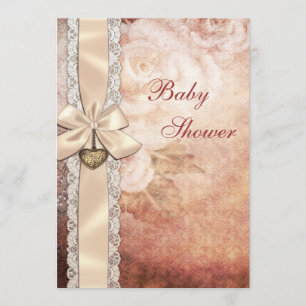 Elegant Vintage Damask Rozen & Bow Baby shower Kaart