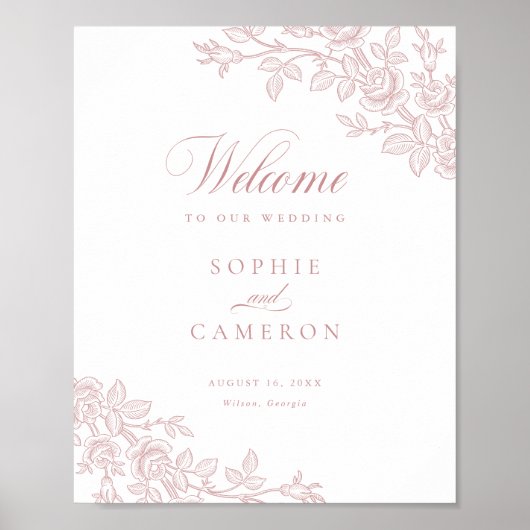 Elegant Vintage Floral Blush Pink Wedding Welcome Poster (Voorkant)