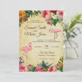 Elegant Vintage Floral Flamingo Wedding Invitation Kaart (Staand voorkant)