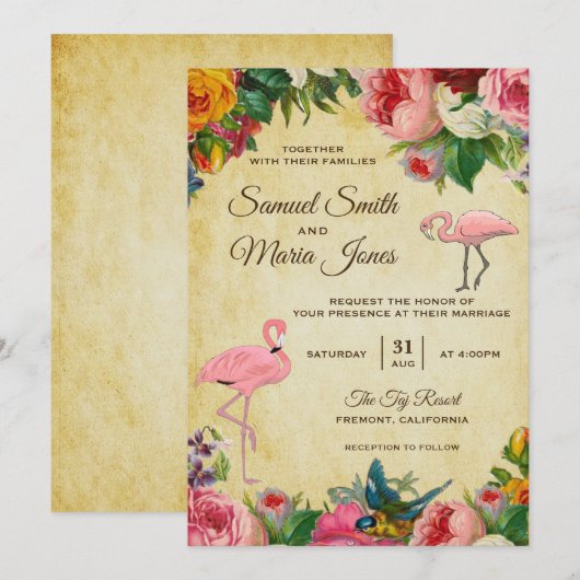 Elegant Vintage Floral Flamingo Wedding Invitation Kaart (Voorkant / Achterkant)