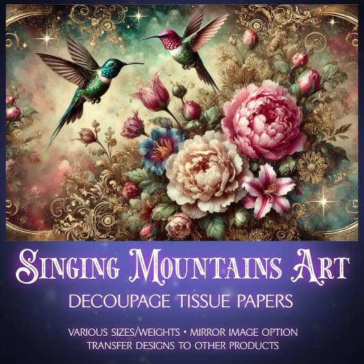 Elegant Vintage Floral Hummingbird Decoupage  Tissuepapier