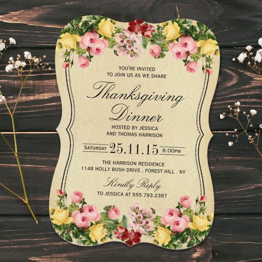 Elegant Vintage Floral Thanksgiving Kaart