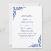 Elegant Vintage French  Blue Floral Wedding  Kaart (Voorkant)