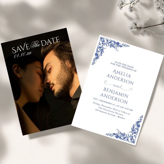 Elegant Vintage French  Blue Floral Wedding  Kaart