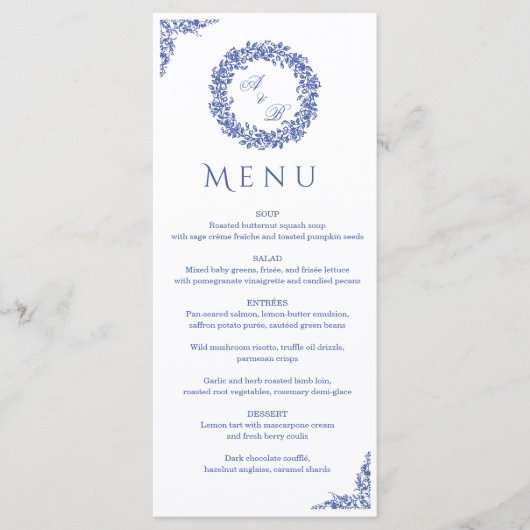 Elegant Vintage French Blue Floral Wedding  Menu (Voorkant)