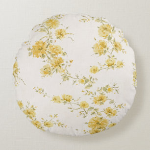 Elegant Vintage Geel Rozen Bloempatroon  Rond Kussen