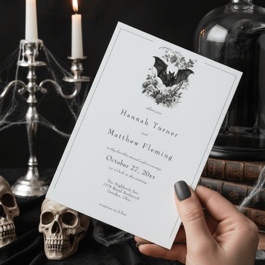 Elegant Vintage Gothic Black Toile Bat Wedding Kaart