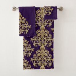 Elegant Vintage Goud Damast Paars Bad Handdoek