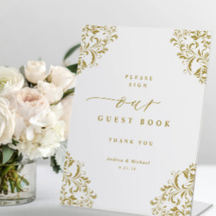 Elegant vintage gouden trouw gast boek bord reclamebord met voetstuk
