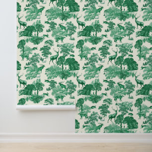 Elegant Vintage Green Deer Fox Country Toile Behang