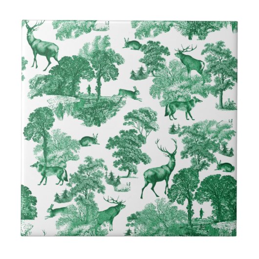 Elegant Vintage Green Deer Toile Seamless Tegeltje (Voorkant)
