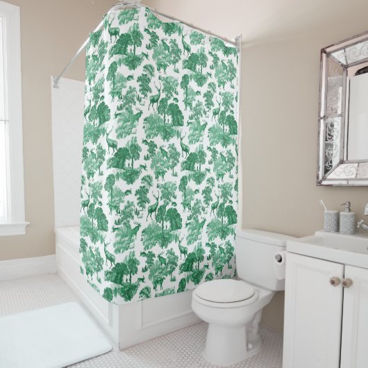 Elegant Vintage Green French Toile Deer Douchegordijn (In situ)