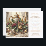 Elegant Vintage Kerst Tea Party Kaart<br><div class="desc">Deze elegante uitnodiging is voorzien van een High Tea tafel met een kerstbloemstuk. Er zijn ook gouden bloembladeren China theekopjes en theepot allemaal gezet op een kant tafelkleed. Personaliseer deze sjabloon-uitnodiging met uw theefeestinformatie. Koop deze uitnodiging voor een kerstfeest als een papieren exemplaar of als een digitale download, de keuze...</div>