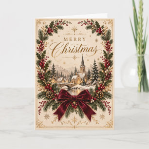 Elegant Vintage Kerst Village Bourgondische Strik Kaart
