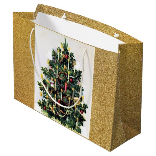 Elegant Vintage-kerstboom en Gold Glitter Groot Cadeauzakje (Achterkant Gekanteld)