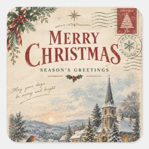 Elegant Vintage Kerstmis, Retro ansichtkaart stijl Vierkante Sticker