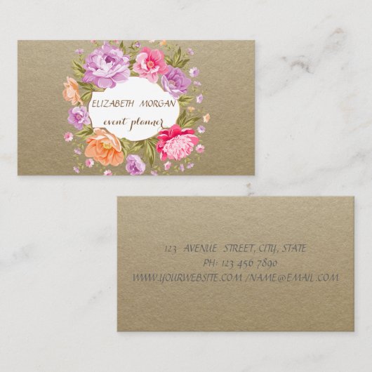 Elegant Vintage, Kraft, Floral Visitekaartje (Voorkant / Achterkant)