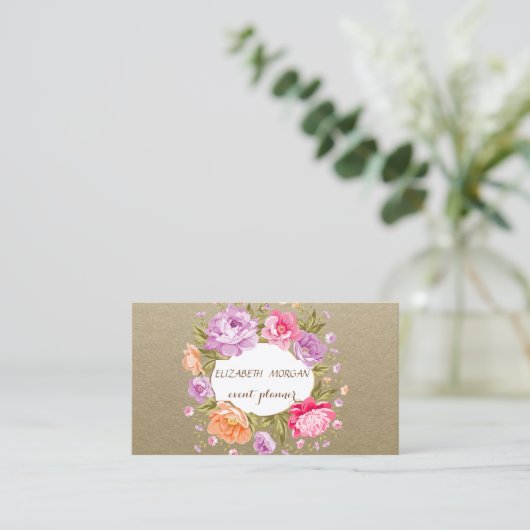 Elegant Vintage, Kraft, Floral Visitekaartje (Staand voorkant)