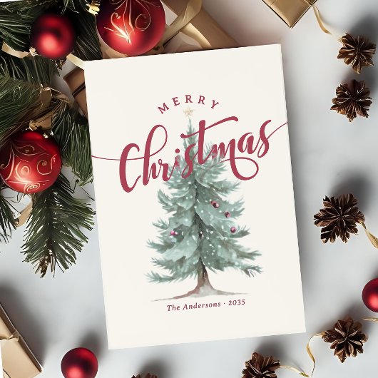 Elegant Vintage Merry Christmas Script Rustic Tree Feestdagenkaart