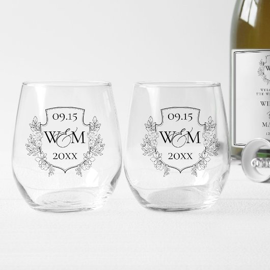 Elegant Vintage Monogram Huwelijk Wijnglas Zonder Voet