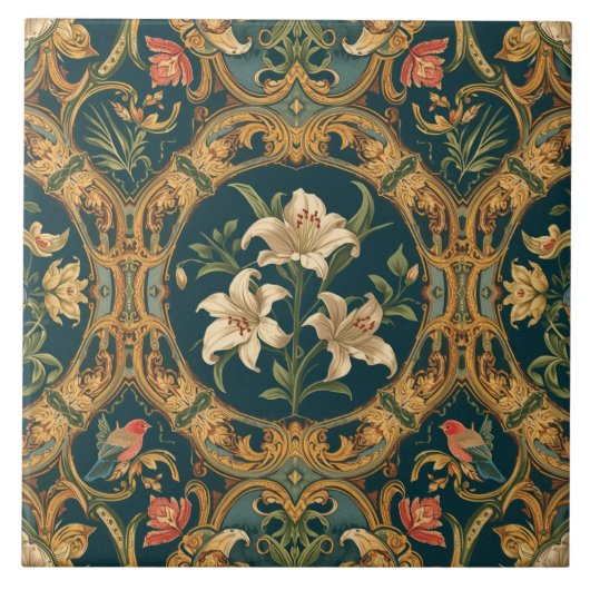 Elegant Vintage Nouveau Floral Birds Tegeltje (Voorkant)