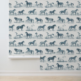 Elegant Vintage Paardenrassen Patroon Stofblauw Behang