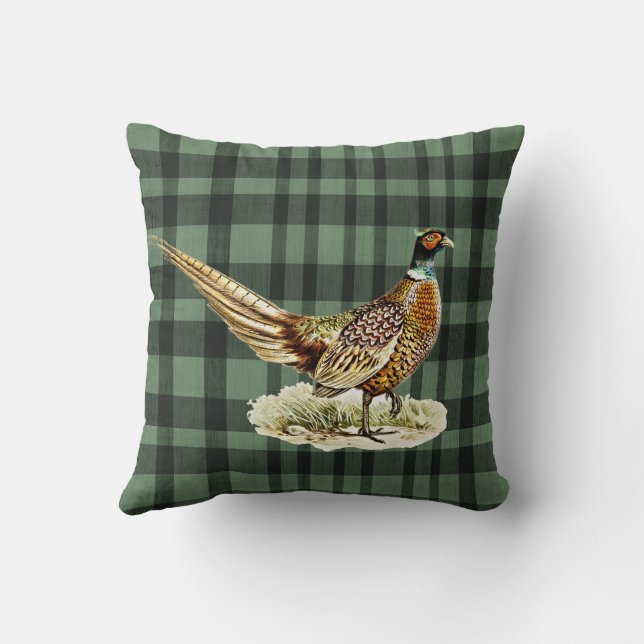 Elegant Vintage Pheasant Bird on Green Plaid Kussen (Achterkant)