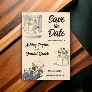 Elegant Vintage Retro Comic Wedding Save the Date Kaart
