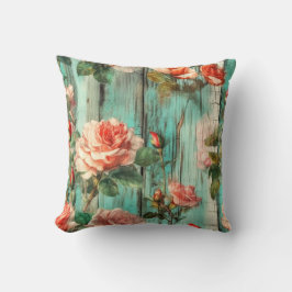 Elegant Vintage Rose on Turquoise Wood Texture Kussen