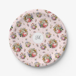 Elegant Vintage Roze Bloemmotief Naam Initiaal Papieren Bordje