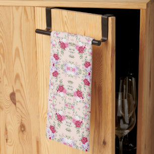 Elegant Vintage Roze & Bourgondische Bloemmotief Theedoek
