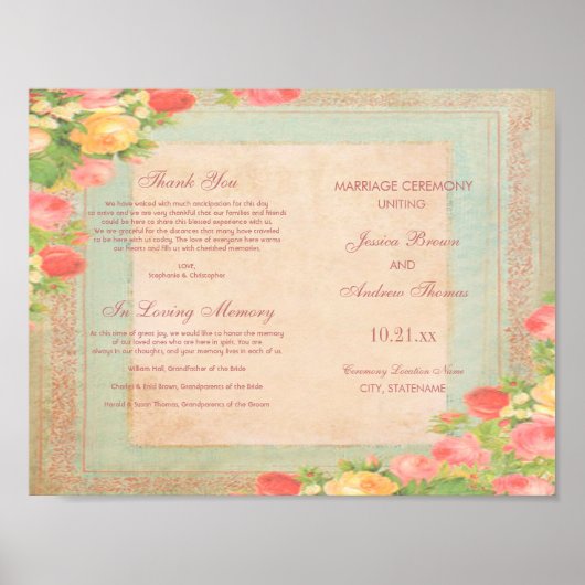 Elegant Vintage Rozen Huwelijksprogramma Poster (Voorkant)
