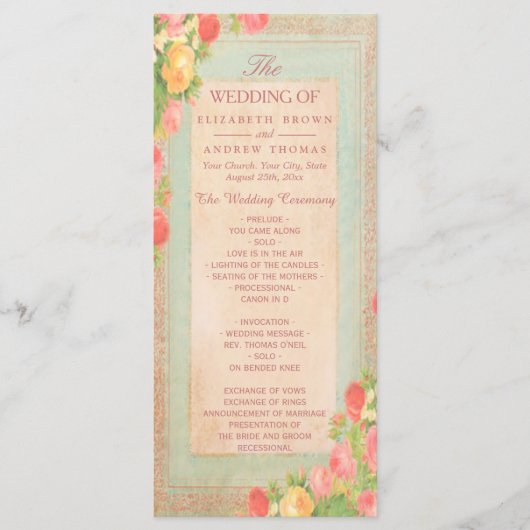 Elegant Vintage Rozen Huwelijksprogramma Programmakaart (Voorkant)
