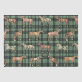 Elegant Vintage Saddled Horses Green Plaid Tissuepapier