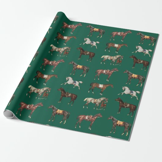 Elegant Vintage Saddled Horses Hunter Green Cadeaupapier (Uitgerold)