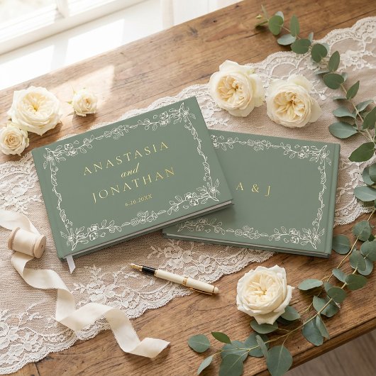 Elegant Vintage Sage Green Monogram Wedding  Gastenboek