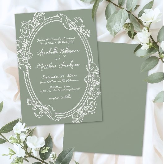 Elegant Vintage Sage Green Wedding Kaart